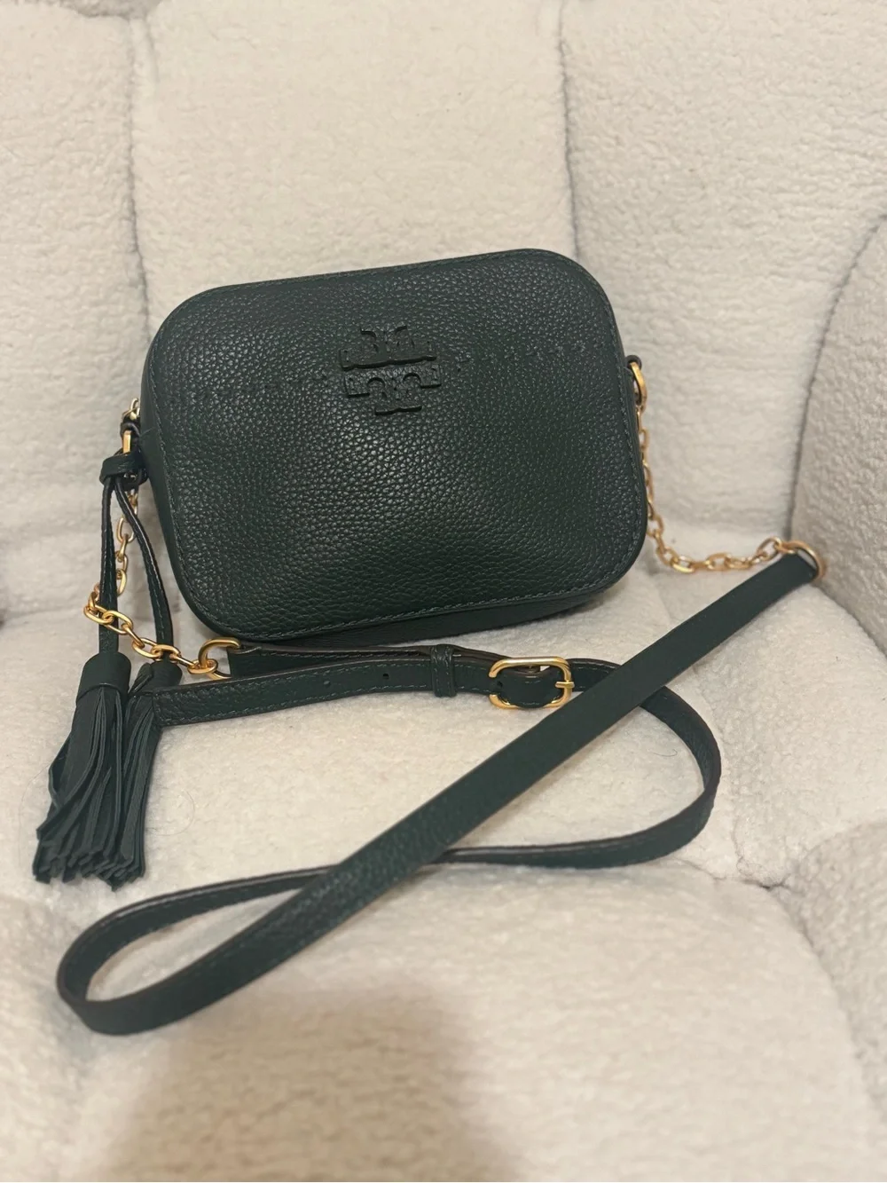 Tory Burch Dark Green Pebbled Leather Crossbody with Gold Chain